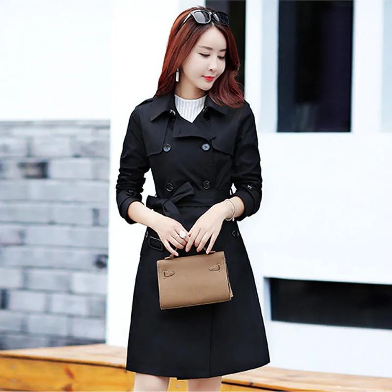 Women Spring and Autumn Korean Slim Waist Jacket with Belt Outwear Top Windbreaker Women Mid-Long Trench Coat