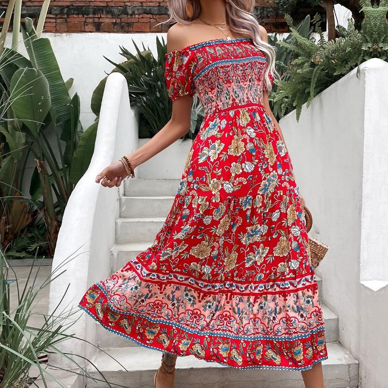 Women's Summer Vintage Ethnic Vacation Off-the-Shoulder Print Dress