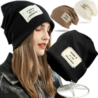 Fashion Letter Pile Hat Woolen Knitted Cap Japanese Retro Women's Bonnet Solid Colors Soft Skullcap For Girls Wool Beanies