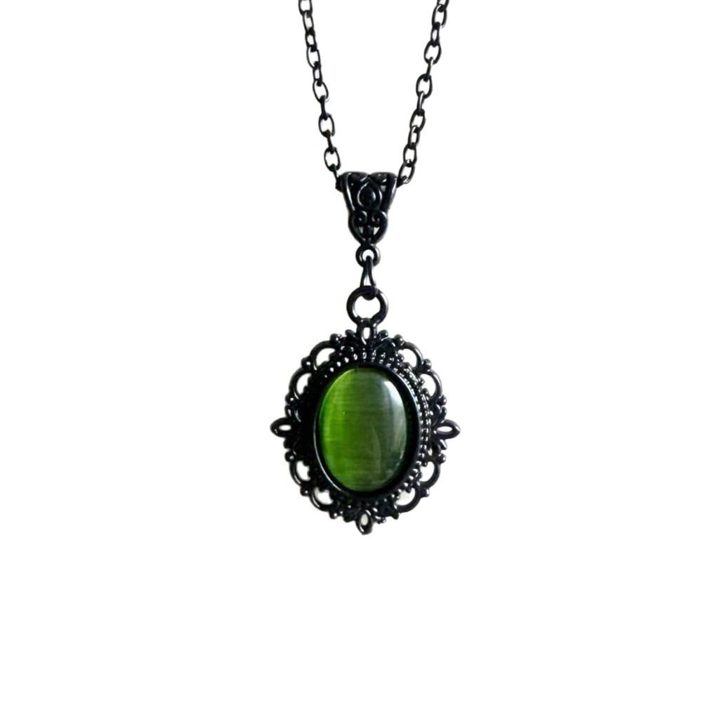 Gothic Vintage Black Pendant Necklace With Green Stone For Party Wear
