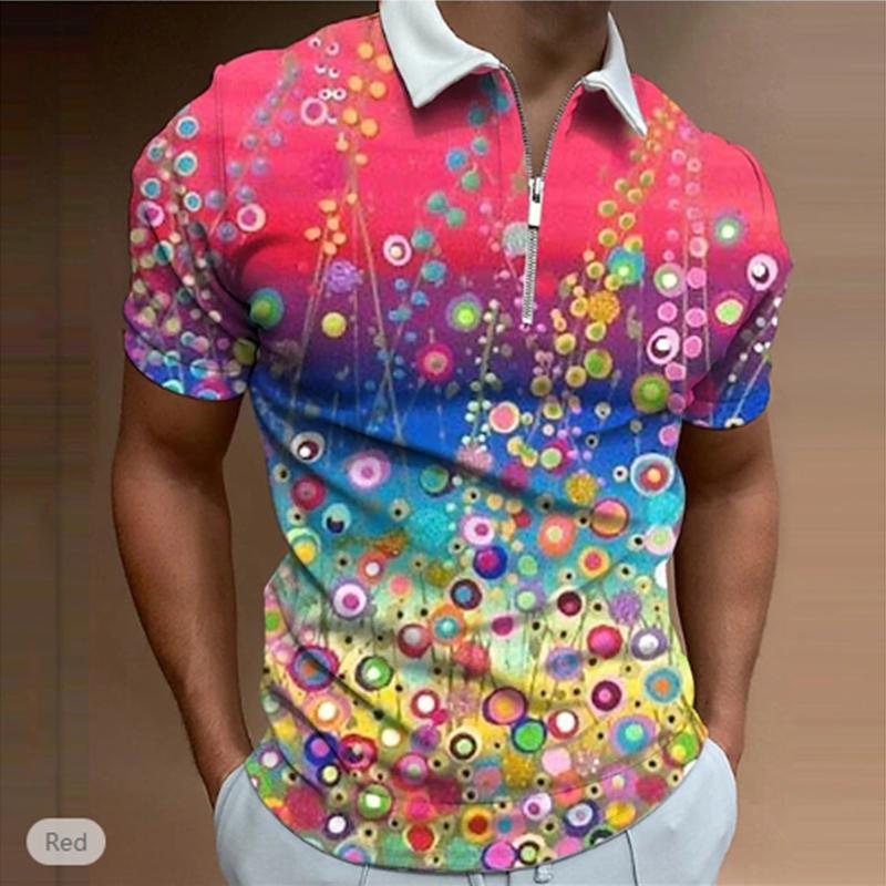 Casual Lapel T-shirt Young Men's Fashion Zipper T-shirt Short Sleeve T-shirt Men's 3D Flower Garden Graffiti Print T Shirt