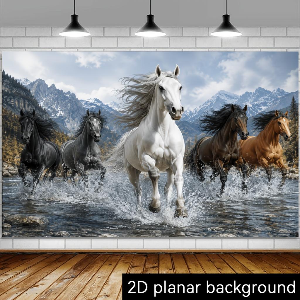 One 2D flag - a banner with a theme of galloping horses as the background, showing a group of horses galloping in a stream.
