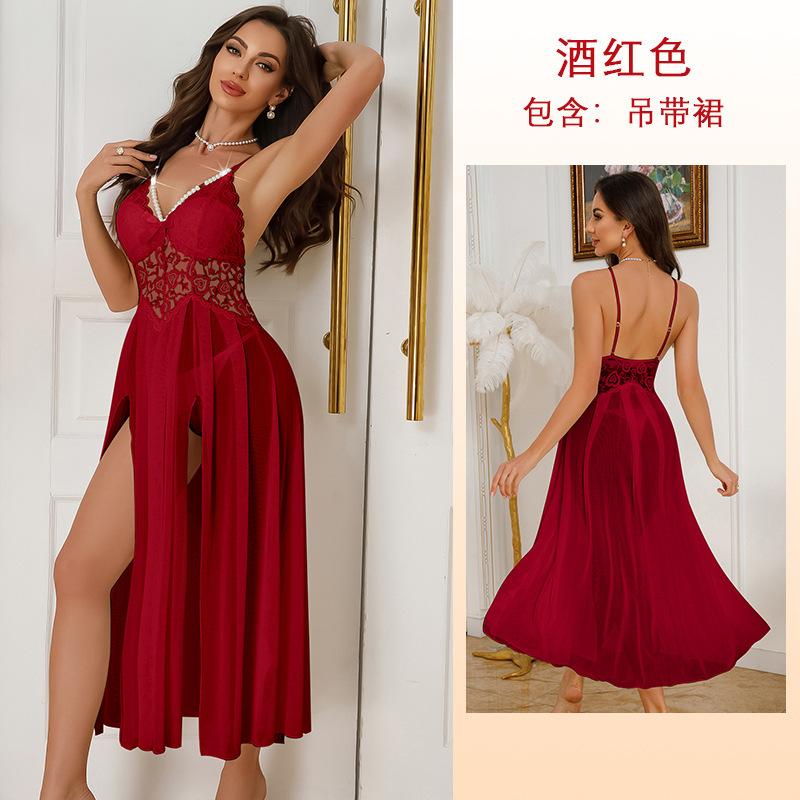 Multi-Style Sexy Lace Mesh Nightgown Deep V High Slit Print Cami Pajamas Women's Loungewear Versatile Seductive Sleepwear Collection with Diverse