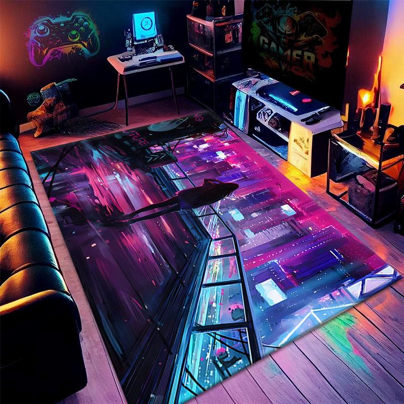 Gaming-Bereichsteppich 3D-Schwarzlicht Sci-Fi-Stil Teppich Zukünftige Technologie-Thema Bedruckte Heimdekorationsmatten für Esszimmer Wohnzimmer Sofa