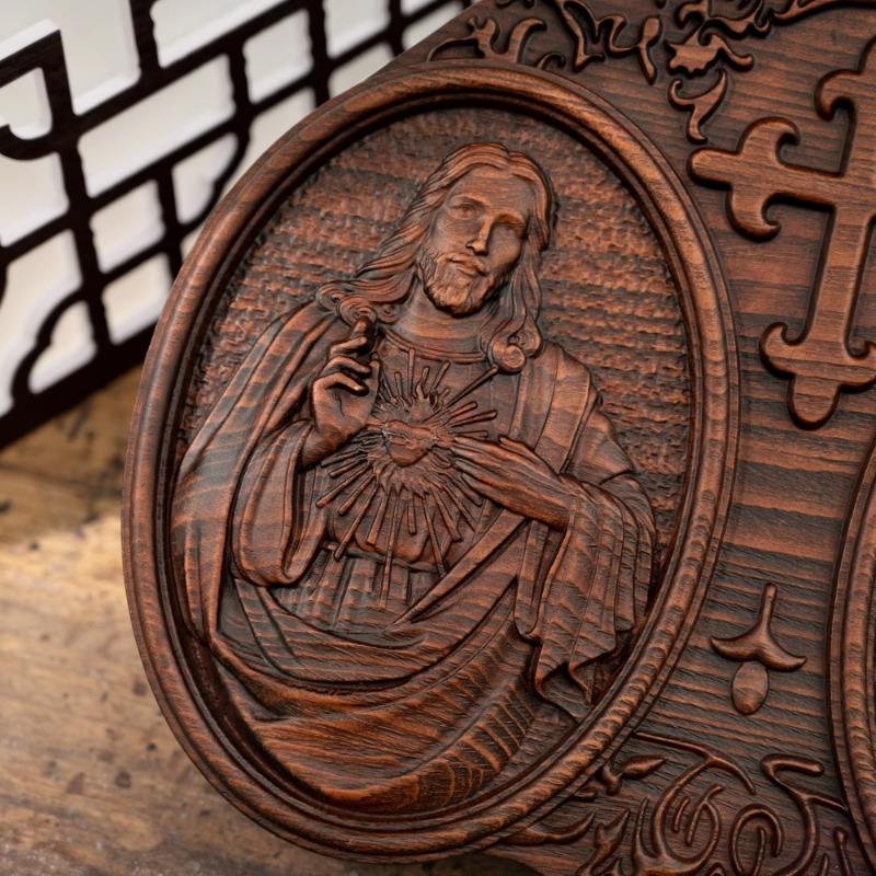 Sacred Heart of Jesus and Heart of Mary Jesus Christ Wall Decor Religious Saint Statue Wood Carve Crafts Catholic Christmas Gift