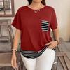Women's Striped Color Block Top, Short Sleeve T-Shirt, Pocket, Fake Two-Piece