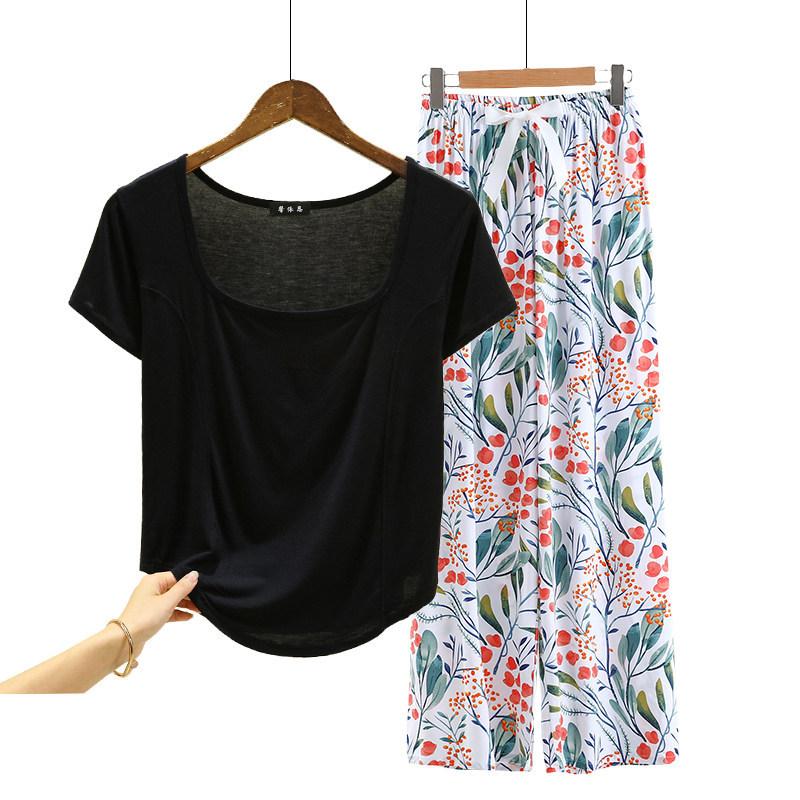 Fashion U Nek Tshirt and Floral Wide leg pants Summer fashion homewear 2pcs suit Loose Casual pajamas set comfort loungewear plus size