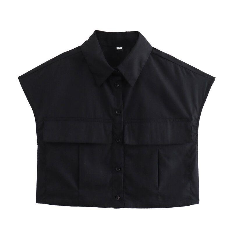 

Fashion Style 2024 Summer New Women s Stylish Short Sleeve Lapel Single Breasted Easiest for Match Slimming Short Top Shirt Black M