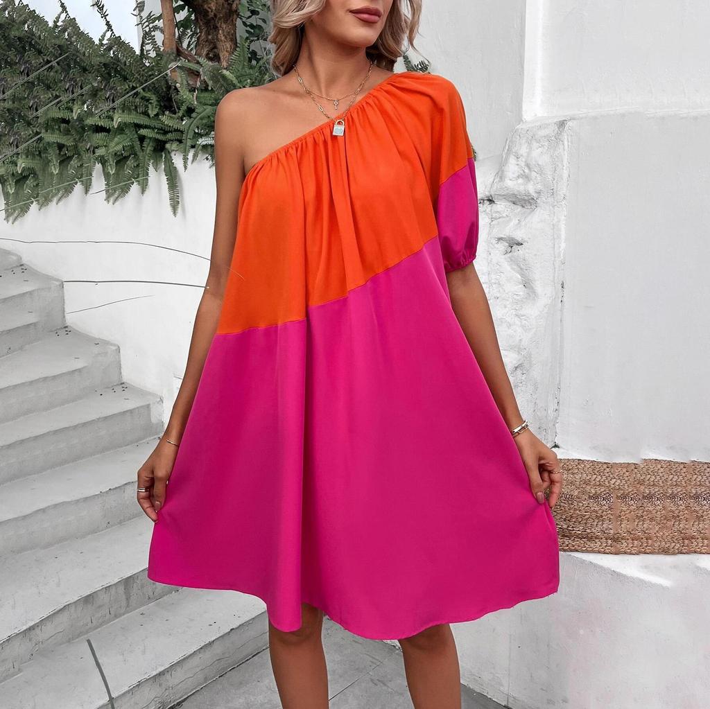 Spring Summer Women Seaside Vacation Loose Short Single Sleeve Dresses High Waist Color Block Slanted Shoulder Mid Length Dress S-XL