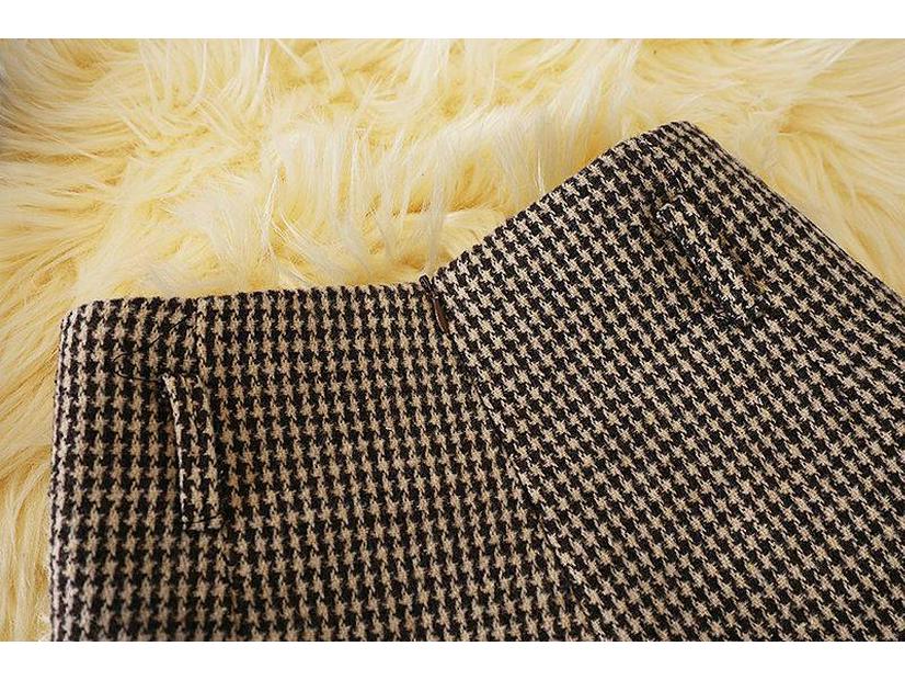 Pantaloni scurți A-line din lână cu picior de cocoș cu talie înaltă în stil coreean - Modă versatilă de iarnă pentru femei