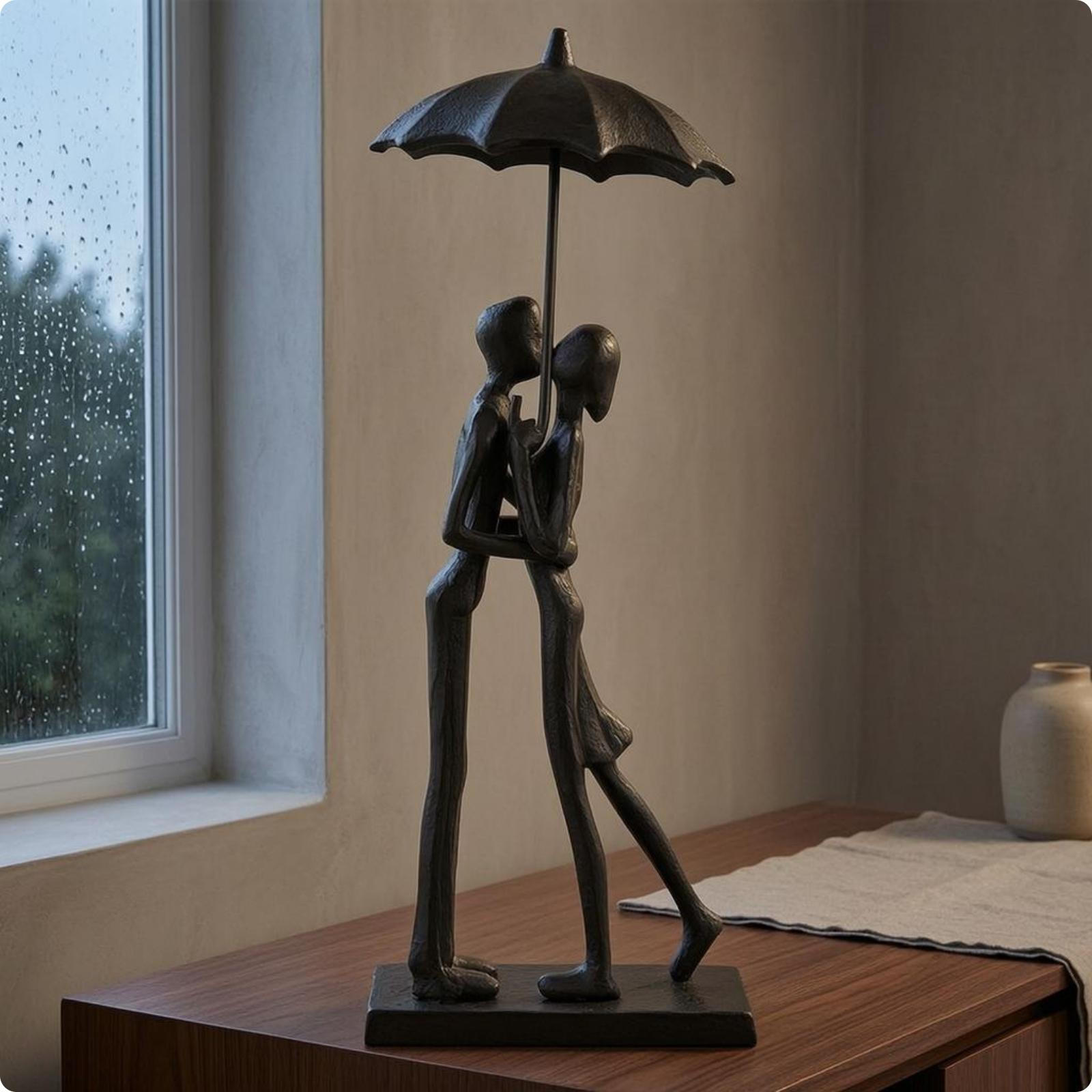 Cast Iron Figurine Black Metal Couple Freestanding Sculpture for Couples Umbrella