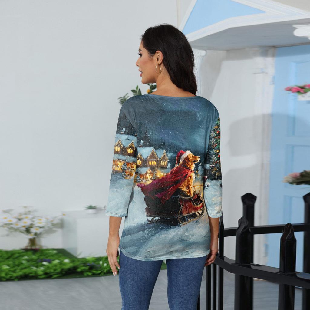 3/4 Sleeve Shirts For Women Print Christmas Tees Blouses Casual Plus Size Basic Tops Pullover