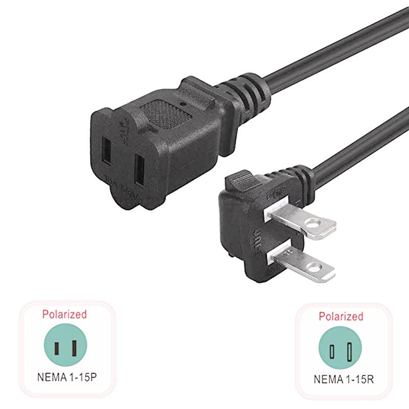 US NEMA1-15P/1-15R Two-Pin Male-Female Angled Extension Power Cord