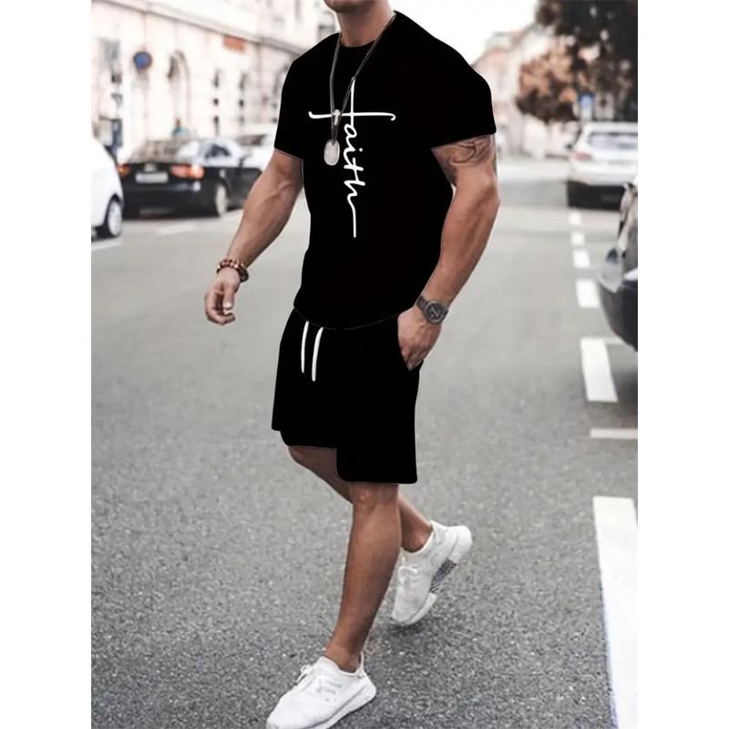 Set de pantaloni scurți tricou pentru bărbați la modă, cu mânecă scurtă cu imprimeu încrucișat, două piese, supradimensionat, pentru sport de plajă în aer liber, costum pentru bărbați de dimensiuni mari