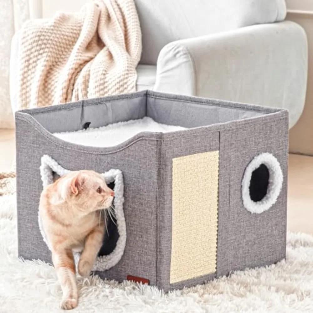 Double Layered  Pet Cat House Large Foldable Cat Bed Four Season Universal Cats with Ball Hanging Cube Beds Pet Supplies & Pet