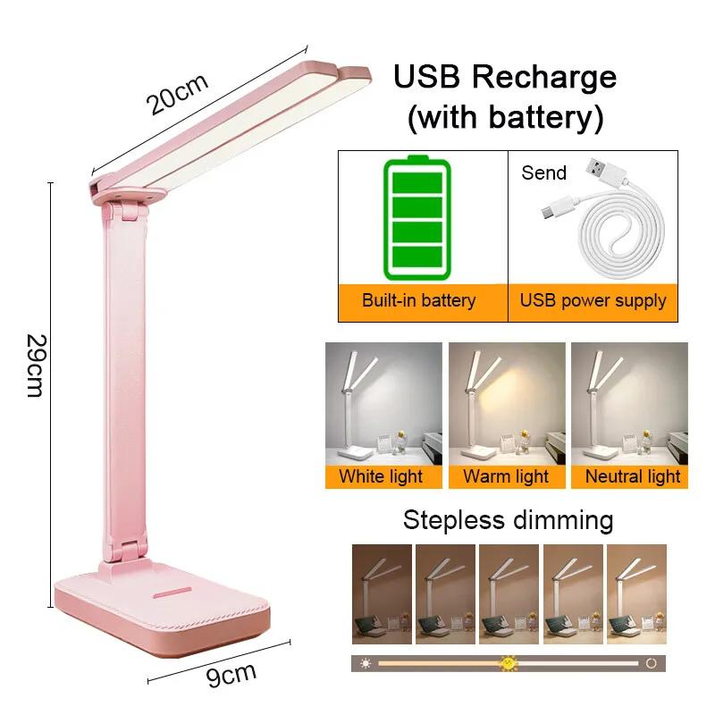 LED Desk Lamp 3 Levels Dimmable Touch Night Light USB Rechargeable Eye Protection Foldable Table Lamp Bedroom Bedside Desk Lamps