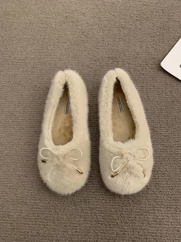 Gentle Fairy Wind Fluffy Shoes Female Outer Wear 2025 Autumn and Winter New Korean Version Soft-soled Cotton Shoes Flat-soled Velvet Doudou Shoes