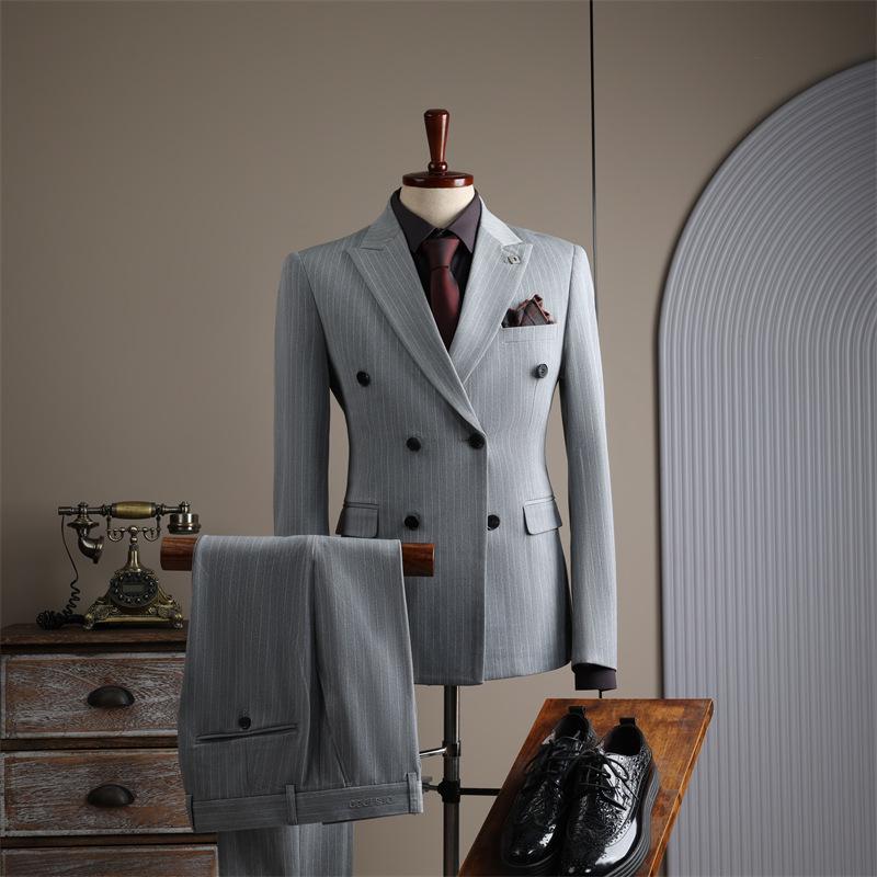 Men's High-End Double-Breasted Striped Slim-Fit Wedding & Business Suit Set
