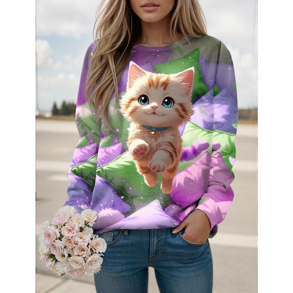Fashion Women's Cute Cat Graphic Sweatshirt 3D Printed O-Neck Long Sleeve Tops Women's Apparel Y2K Streetwear Fall Pullover