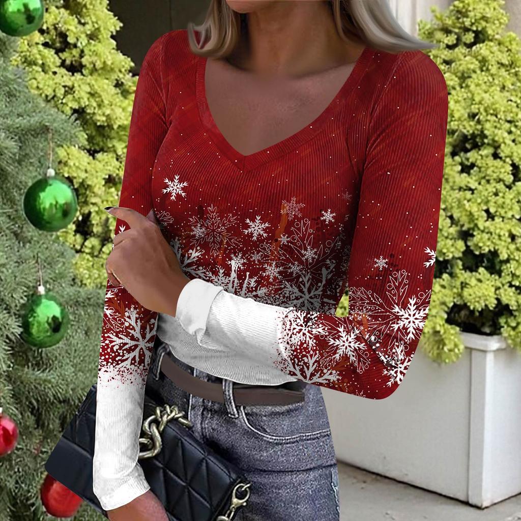 Women's Winter Slim-Fit Base Layer T-Shirt Fashionable Christmas Print V-Neck Pullover Long-Sleeved Top