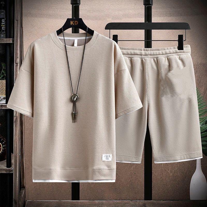 Men's Waffle Summer Sets  Casual T-Shirt+Shorts Set Male Sports Suit Solid Color Tracksuit Loose Suits