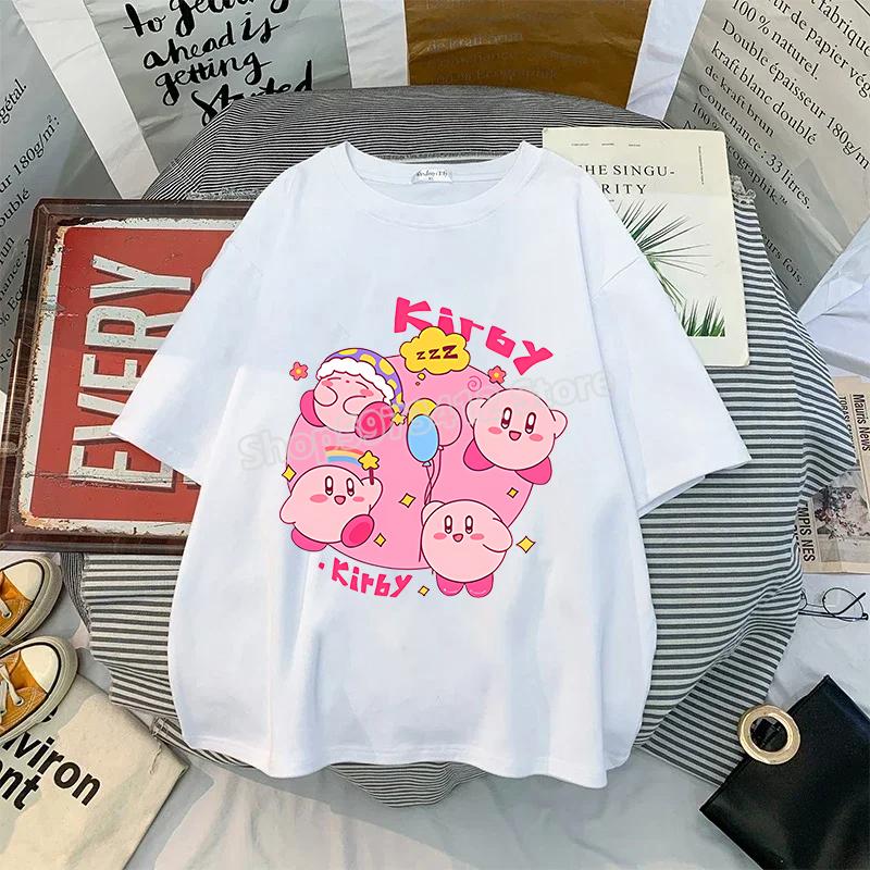 Kirby Shirt Summer O-neck Round T-shirt Cotton Short-Sleeve Tops Solid Color Adult Printed Anime White Tshirt Collar Couple Tees