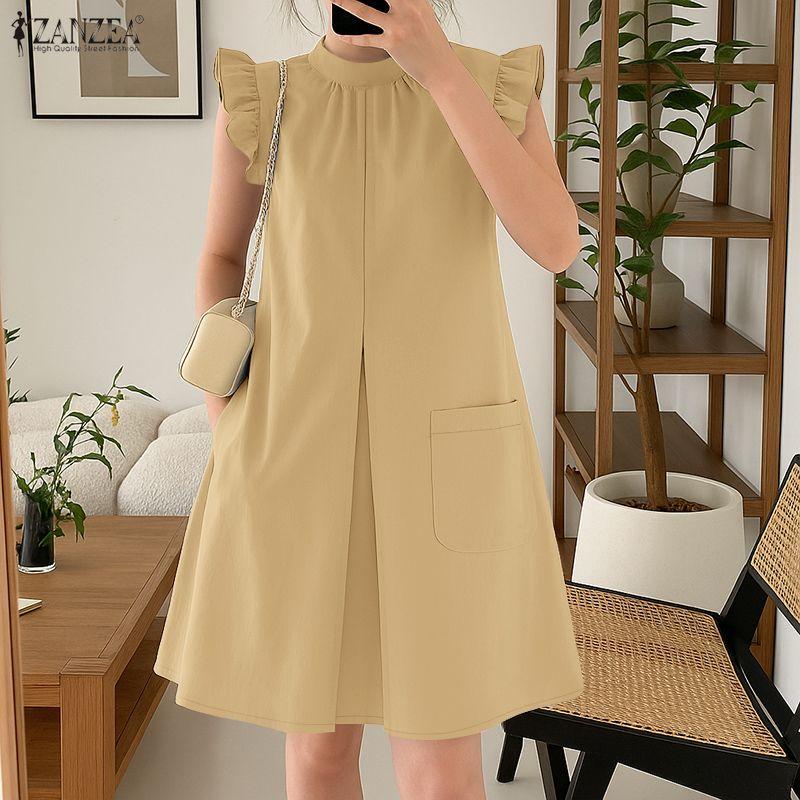 ZANZEA Women Casual Stand Collar Summer Sleeveless Dress