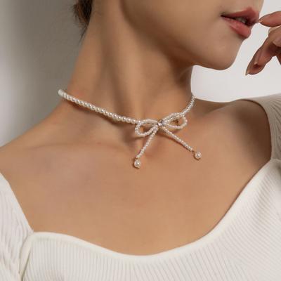 Faux Pearl Choker Necklace with Adjustable Fit Bow Design Short Necklace Formal Events Dresses Parties Necklace Jewelry Gift