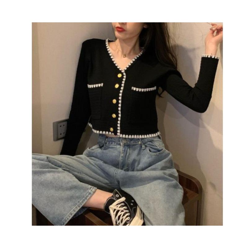 Xiaoxiang Style Collar Long-sleeved Knitted Cardigan Women's New Korean Style Loose Foreign Style Versatile Thin Jacket