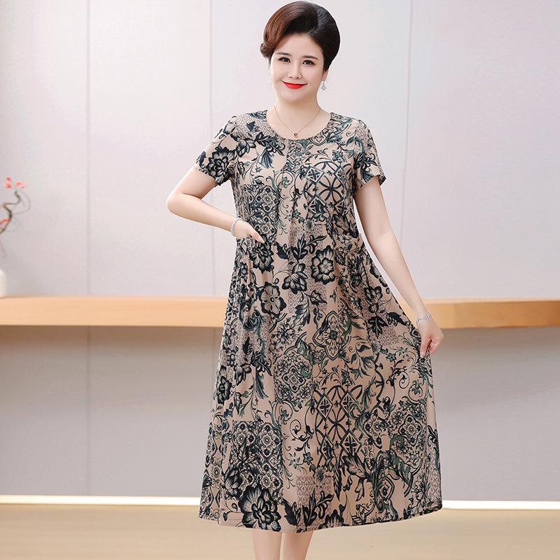 Women's Floral Cotton & Rayon Summer Dress - Plus Size, Belly-Covering, Loose Fit for Middle-Aged & Elderly