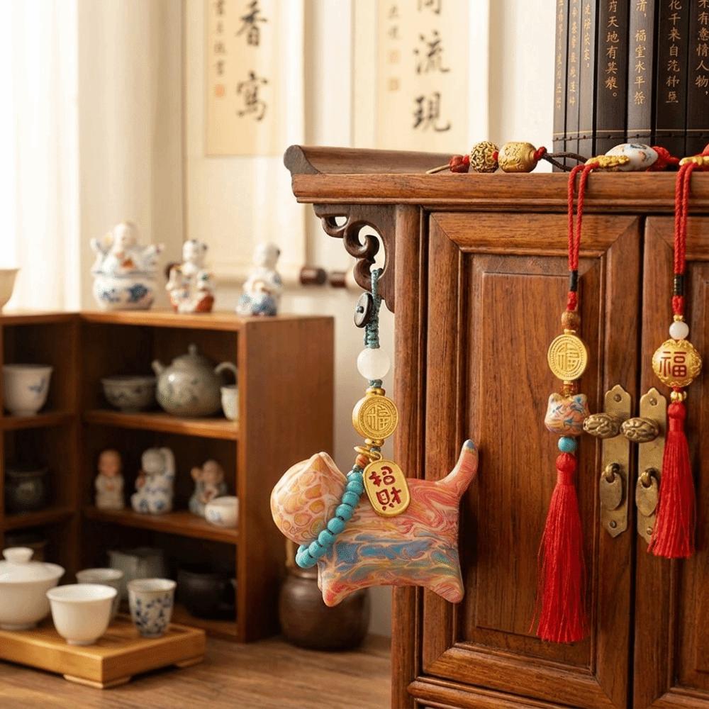Woven Lanyard Lucky Cat Keychain Carved Sandalwood Fortune Cat Pendant Phone Attachment