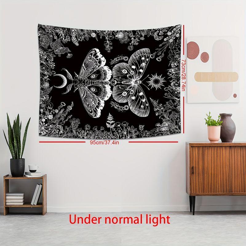 Black White Sun Moon Moth Butterfly Flower Frame Tapestry, Mystical Wall Art for Bedroom Living Room Decor