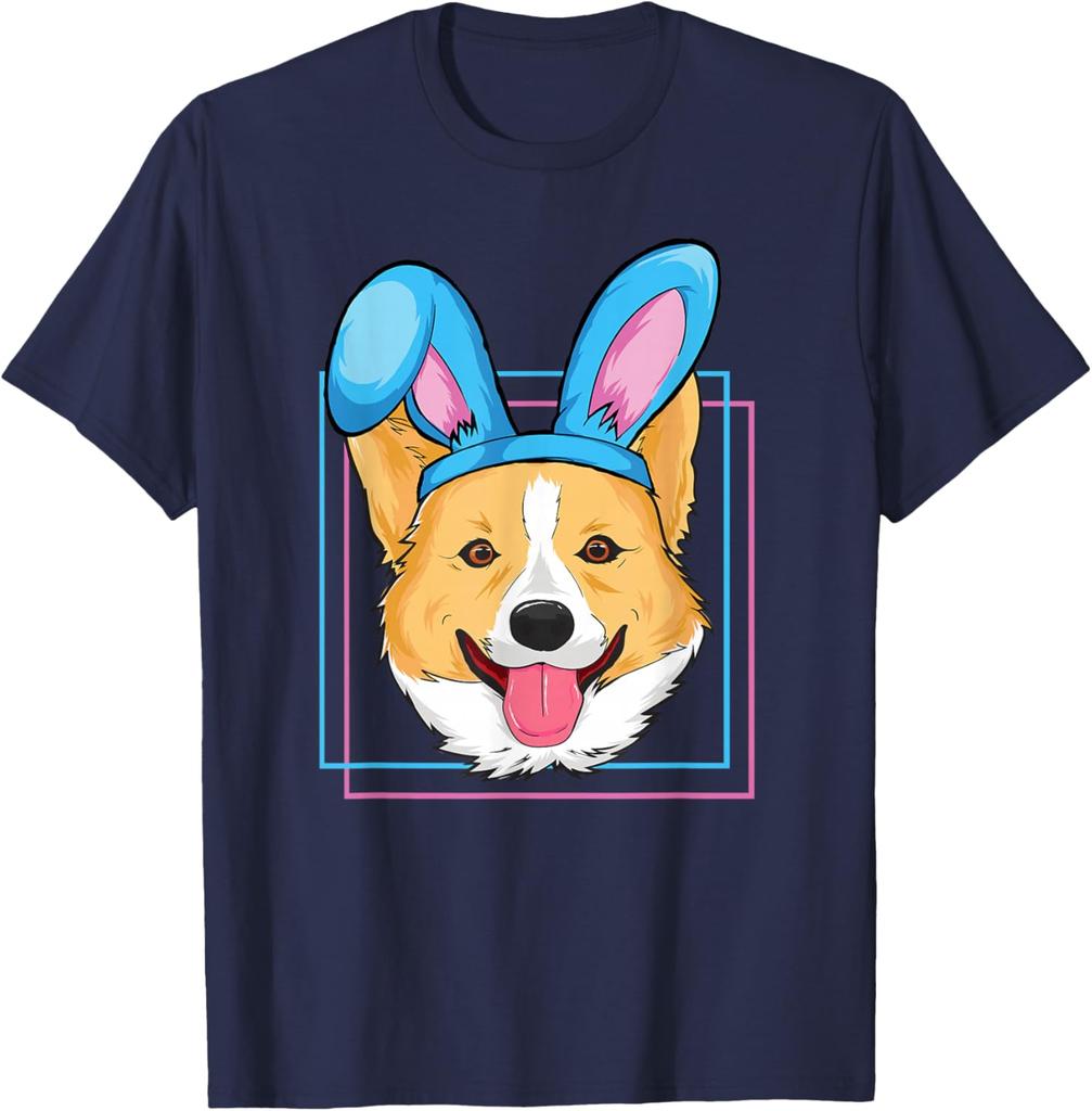 Corgi Wearing Bunny Ears Easter Egg Hunting Dog Lover Graphic T-Shirt Casual Cotton Short Sleeve Tee