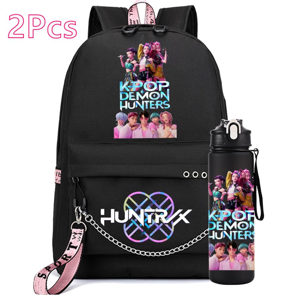 2Pcs/set Anime Cute Kpop Printed Backpack with 750Ml Water Bottler for Teenager Girl Boy Bookbag Kid Gift Large Capacity Travel Bag Rucksak