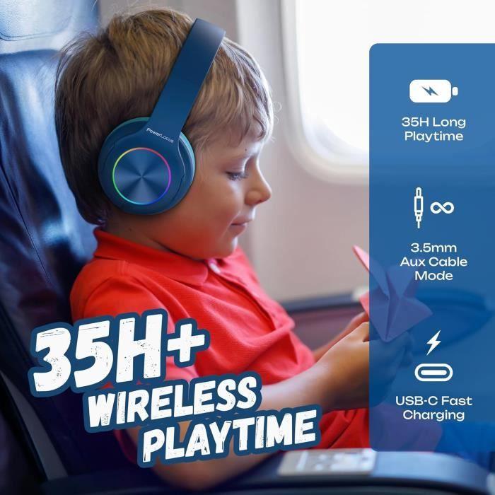 Casque enfants bluetooth - powerlocus - hd stereo - lumières led - recharge rapide - micro intégré