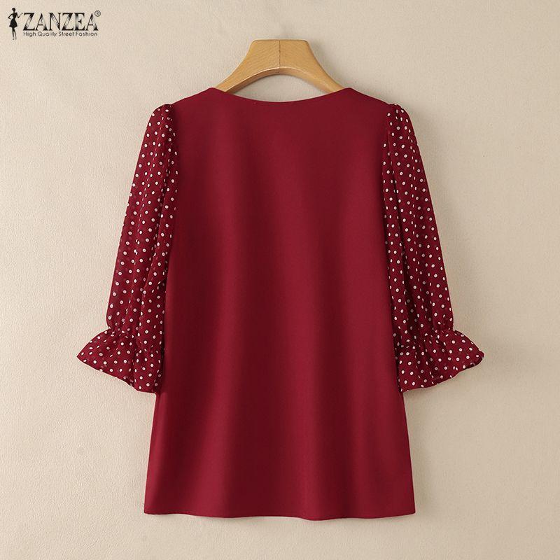 ZANZEA Women Square Collar Polka Dot Print Splice 3/4 Sleeve Elegant Blouse