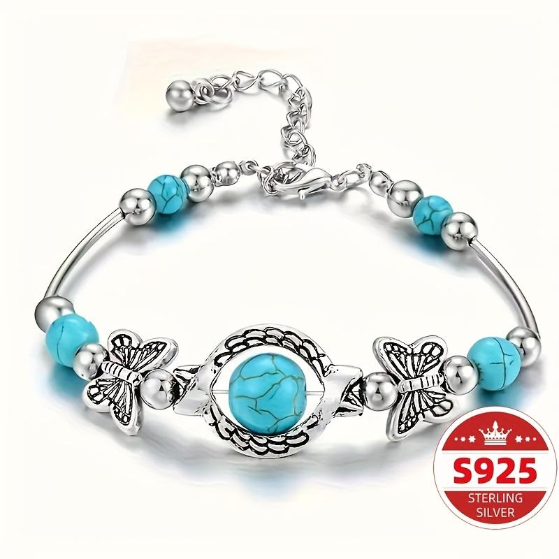 S925Pure silver Bohemian style vintage butterfly turquoise carved hollow geometric bracelet, adjustable open bracelet, couple s bracelet, best gift. серебряный