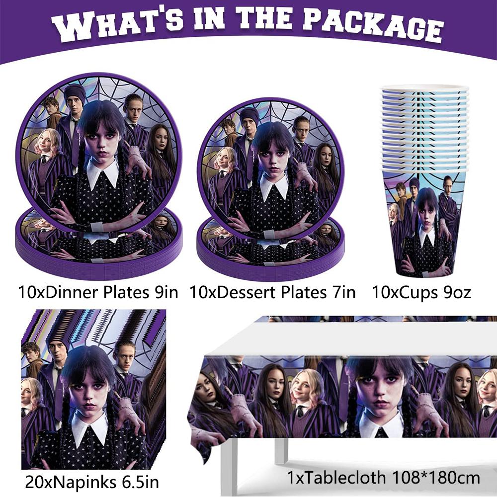 Wednesday Addams Birthday Party Tableware Include Tablecloth, Napkins, and Paper Cups