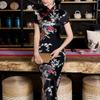 Women Dress Chinese National Style Floral Print Stand Collar Short Sleeves High Side Split Chinese Knot Buttons Cheongsam Satin Silky Slim Fit Summer