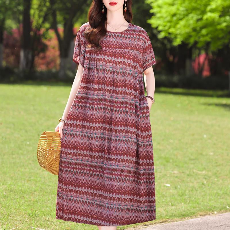Μεγάλο μέγεθος Φαρδύ Vintage Print Μακρύ Φόρεμα για Γυναικεία Casual κοντομάνικα καλοκαιρινά γυναικεία φορέματα