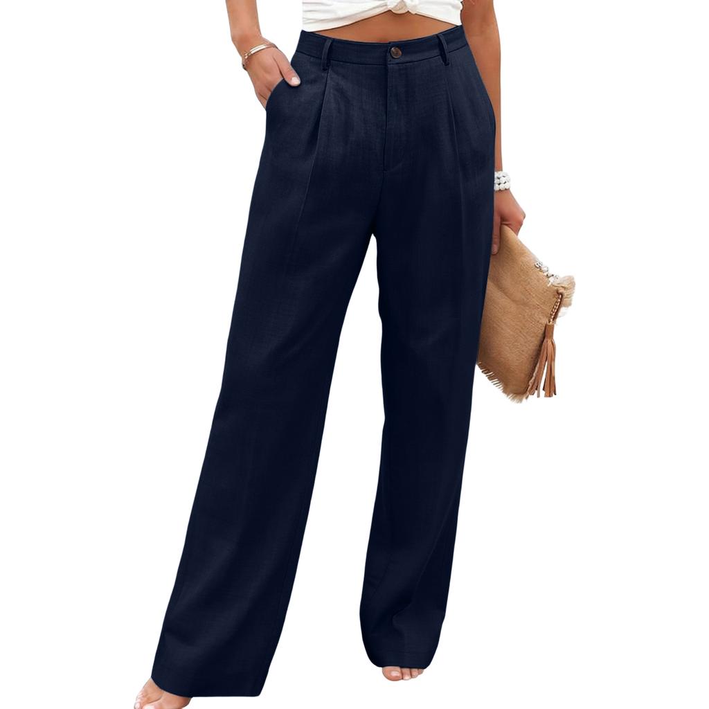 Women High Waist Wide Leg Trousers Linen Straight Casual Pants with Pockets Front Pleat Design