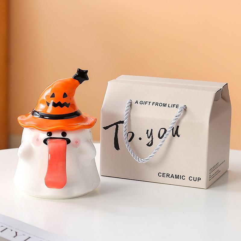 Weird Ghost Mug with Lid Ceramic Cup Gift Box Halloween Cup Souvenir Birthday Gift Water Cup