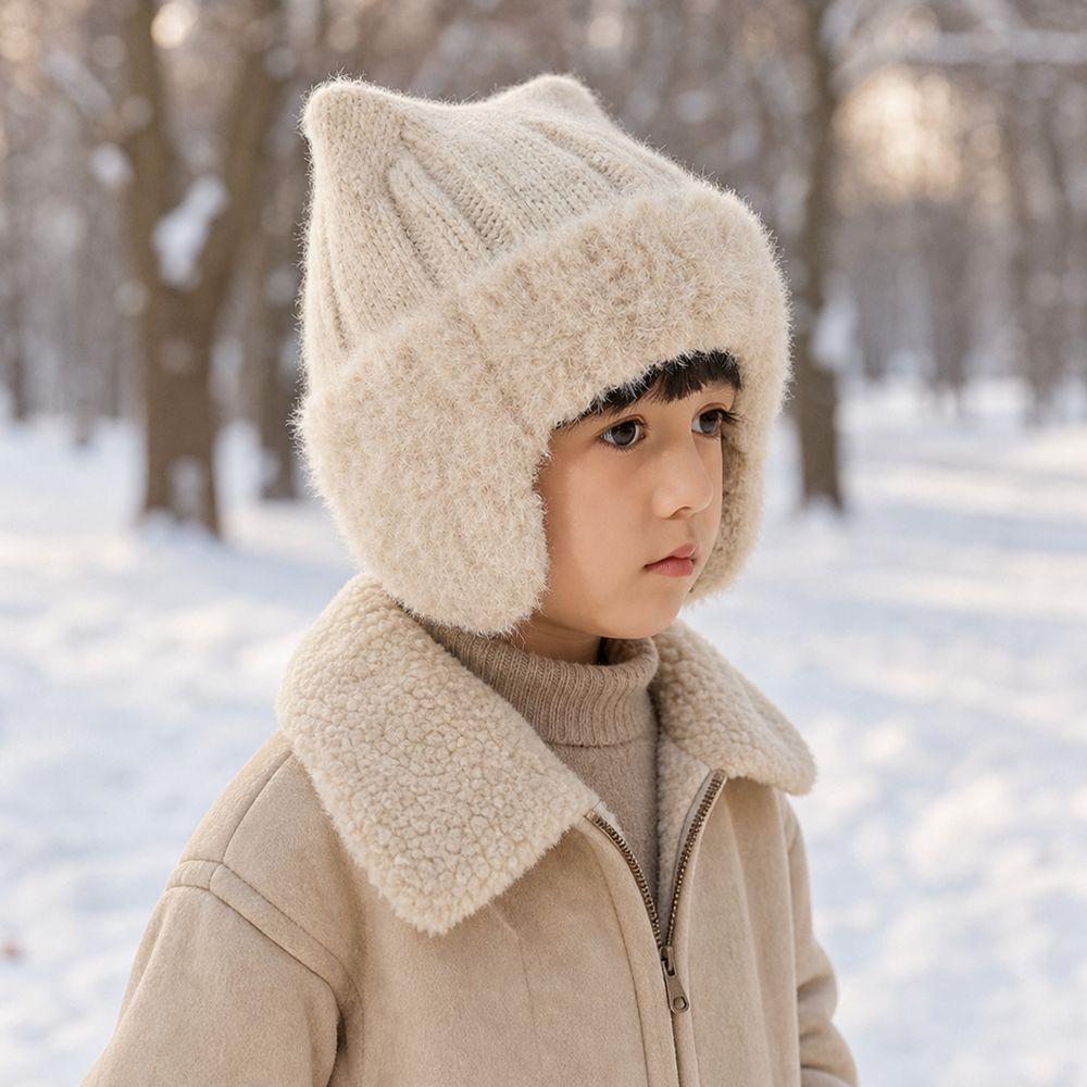 Ribbed Knit Knit Earflap Beanie Plush Lining Cat Ear Beanie New Plush Lined Hat For Children
