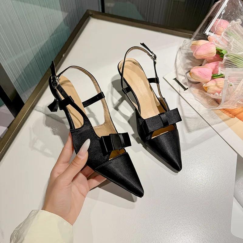 Fashion Pointy Head Shallow Mouth Butterfly Knot Stiletto Sandals Women Fashion Bun Head Line with Anti-slip Wear-resistant High Heels