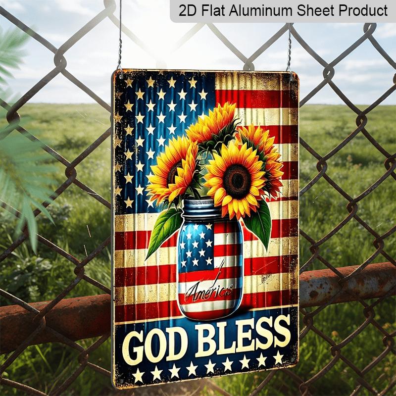 2D Flat 1pc Vintage American Flag & Sunflowers Metal Wall Decor - Rustic Farmhouse Decoration with GOD BLESS Mason Jar - Distressed Vintage Look