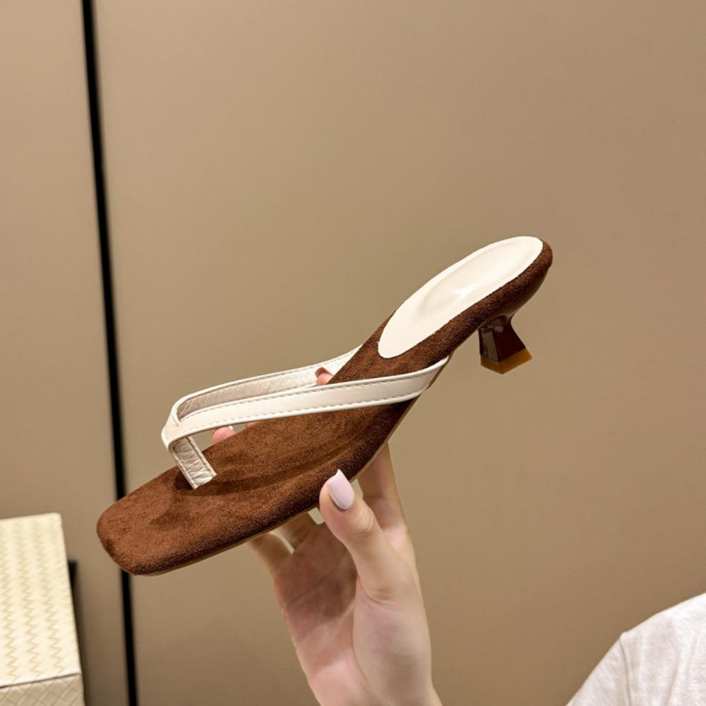 Summer New Soft Leather Square Toe Cat with Flip-flops Women Fashion Thin Belt Thin Heel Soft Sole Flip-flops