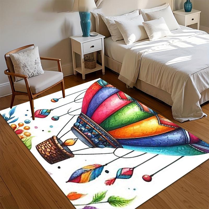 Colorful Hot Air Balloon Rug Watercolor Feather Pattern Non Slip Floor Mat for Kids Bedroom Nursery Playroom Home Decor Carpet