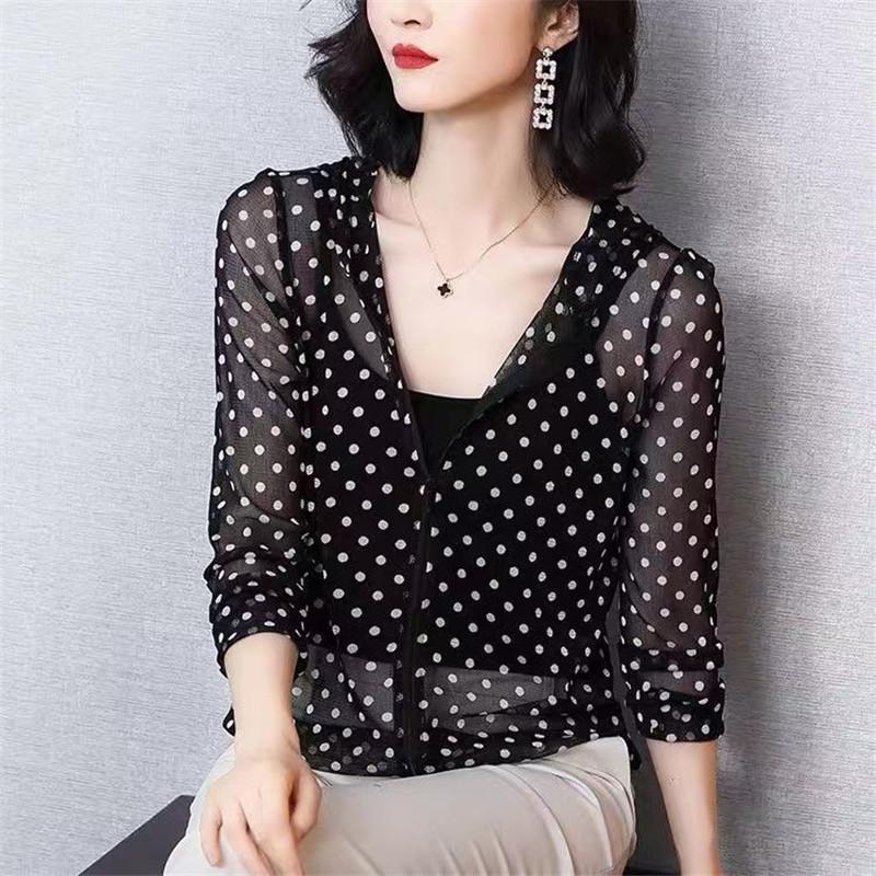 Sommer Koreanische Gestrickte Sonnenschutz Polka Dot Kapuzenjacke - Übergröße für Mittelalte & Ältere Frauen