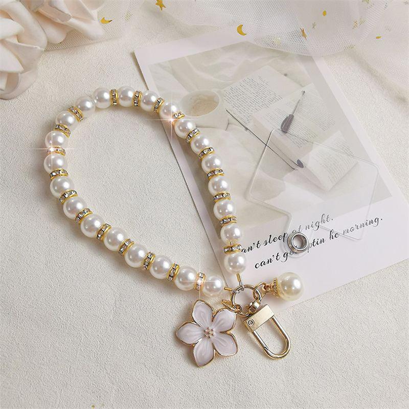 

Pearl Lanyard Fashion Rhinestone Car Keyring Pendant Mobile Phone Lanyard Hand-woven Wrist Strap Back Case Anti-lost Lanyard белый