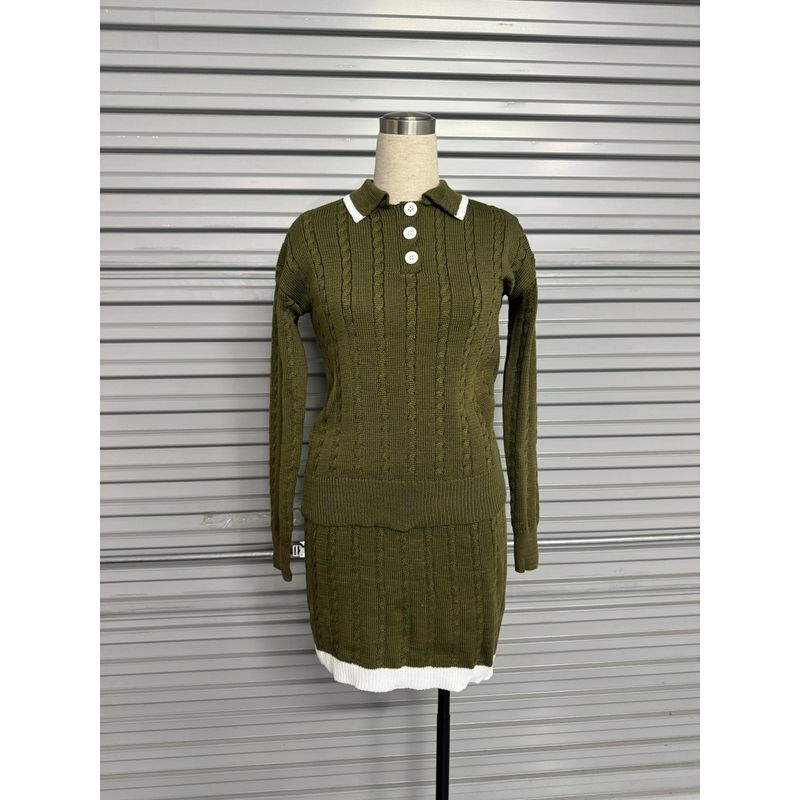 

In Stock Cross-Border Knit European and American Foreign Trade Women clothes 2024 Autumn New Polo Collar Patchwork Short dress Fashion Set Dark green 2XL